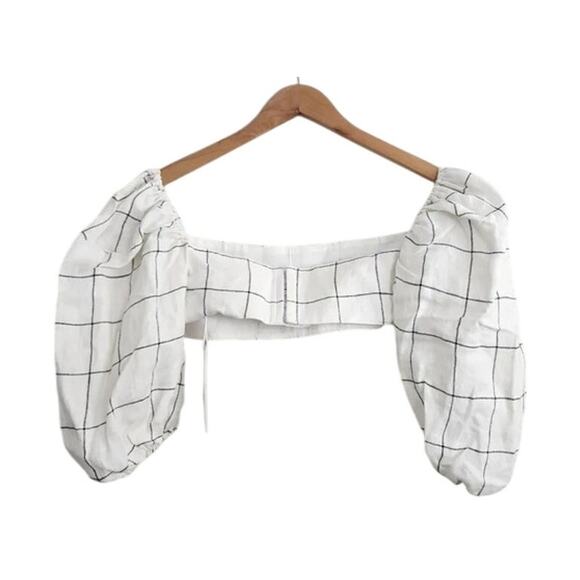 NWT Rumer Quinn Plaid 3/4 Puff Sleeves Linen Crop Top Back Clasp Closure M Ivory - Picture 6 of 15